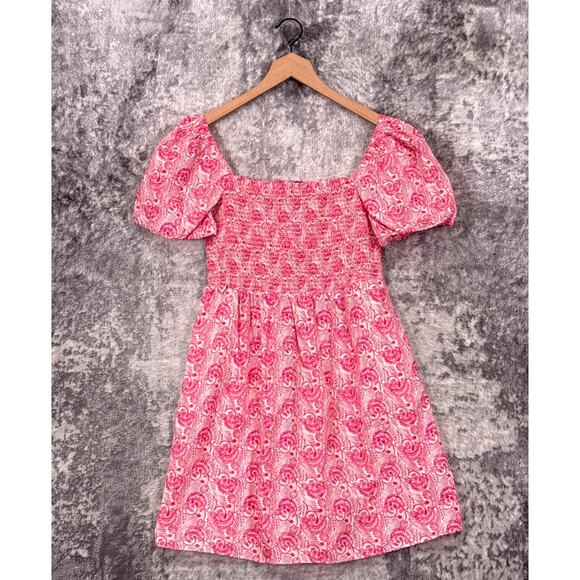 J. Crew Dresses & Skirts - J Crew Dress Medium Womens Puff Sleeve Smocked Mini Pink Dandelion Swirl